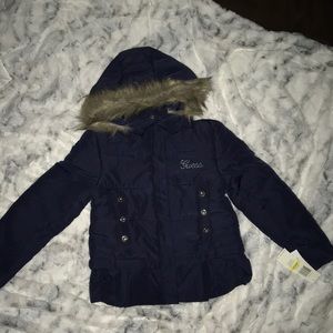 NWT GUESS Girls Sz 12 Puffer Jacket w/ Fur & BLING